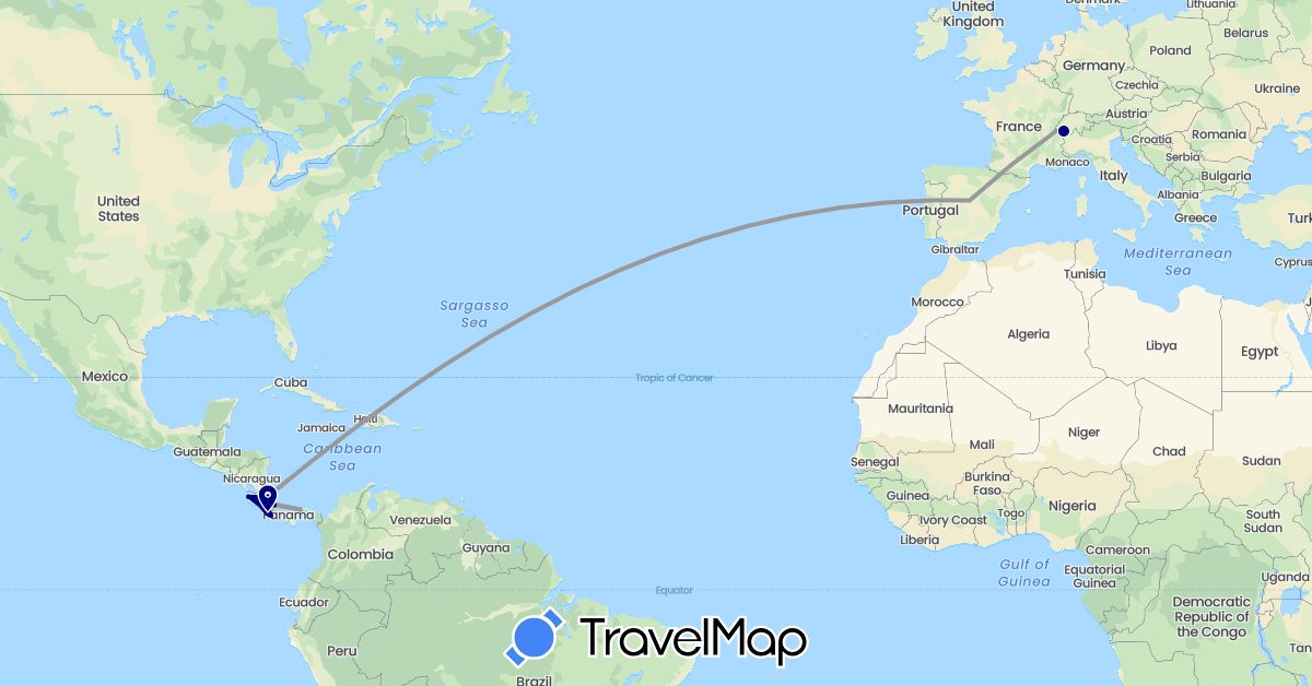 TravelMap itinerary: driving, plane in Switzerland, Costa Rica, Spain, Panama (Europe, North America)